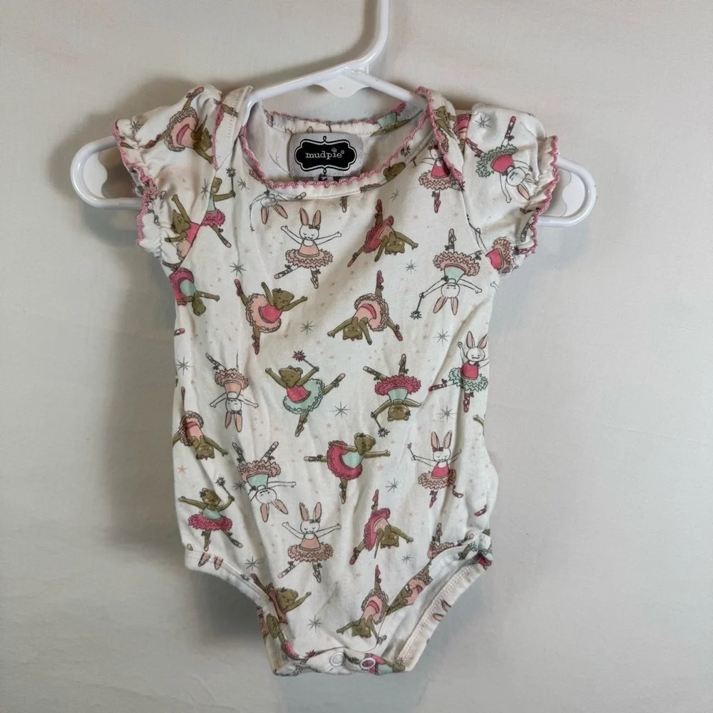 Mud Pie Ballerina Animals One Piece - White and Pink Babies Size 3-6M
